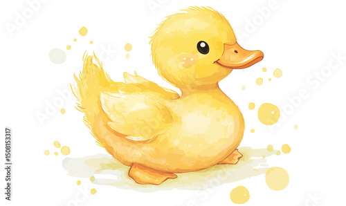 Cute yellow baby duck watercolor illustration with soft shadows and light spots, adorable fluffy duckling vector clipart for children's design and nature themes