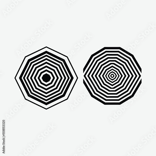 Abstract black and white geometric shapes with concentric octagons.