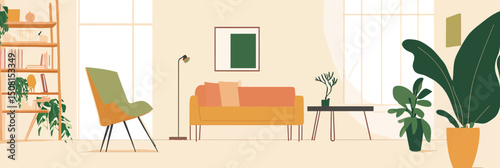 Minimalist modern living room interior with orange sofa green armchair indoor plants wooden bookshelf and large windows in flat style vector illustration
