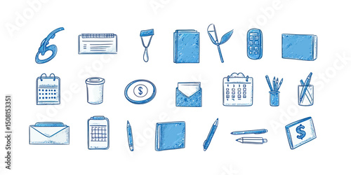 Hand drawn business icons set with calendar, envelope, pen, notebook, calculator, coffee cup, and dollar sign sketch blue pen style vector illustration collection