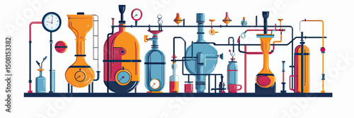 Detailed vintage alcohol distillation apparatus with glass flasks, tubes, gauges, burners, and liquid levels in flat minimalist vector style illustration for ethanol production process
