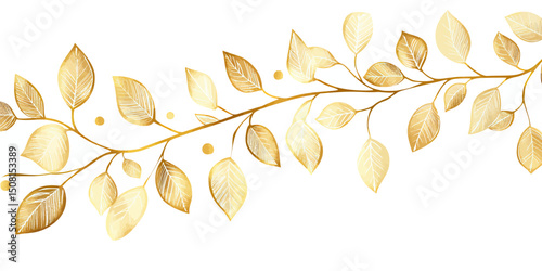 Gold leaf branch seamless border elegant golden foliage design with delicate shiny leaves and minimal style for wedding backgrounds and luxury decor vector illustration