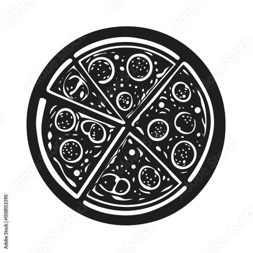 Black and white vector illustration of sliced pepperoni pizza with five slices and circular shape in minimalist flat style icon design for food concept