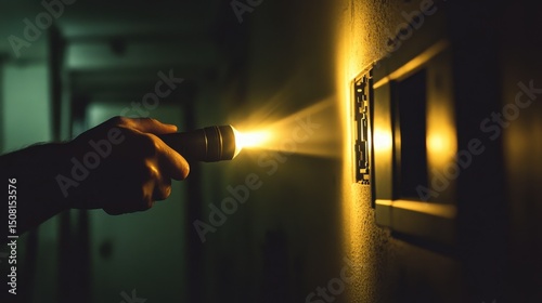 Home Flashlight. Silhouette of Hand Holding Flashlight in Power Outage Repair
