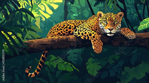 A jaguar rests serenely on a branch in a lush jungle.