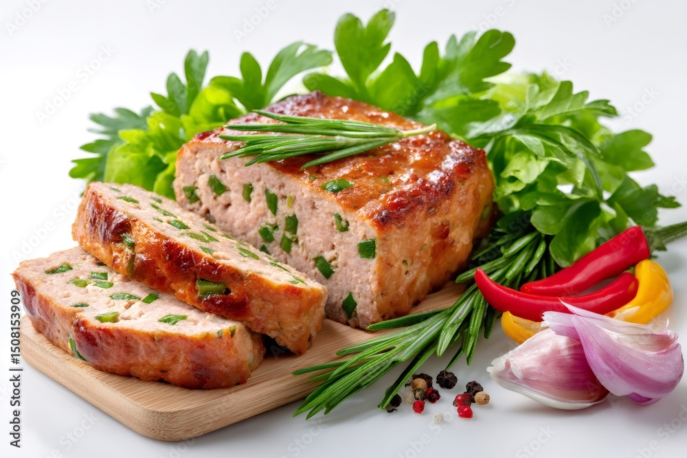 Delicious homemade meatloaf seasoned with rosemary and spices on cutting board Delicious homemade meatloaf seasoned with rosemary and spices on cutting board
