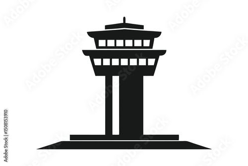 Silhouette of an airport control tower on white background
