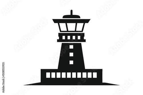 Silhouette of an airport control tower on white background