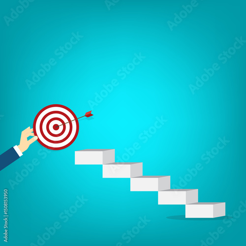 Goal, motivation to success. Climb up stairs to reach goal target on the top.