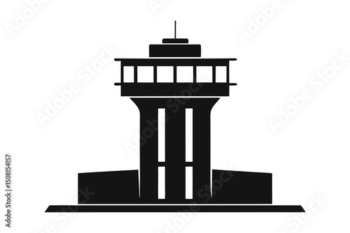 Silhouette of an airport control tower on white background