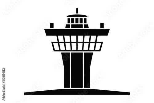 Silhouette of an airport control tower on white background