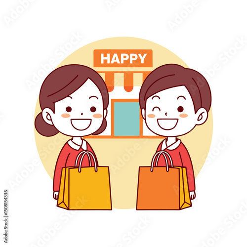 Happy shoppers leaving a store with shopping bags.