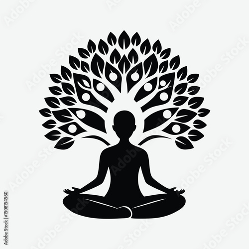 Silhouette of a person meditating under a tree of life, symbolizing inner peace.