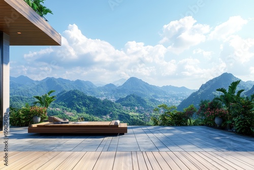 Hotel Layout. Three-dimensional Patio Design with Mountain View Background