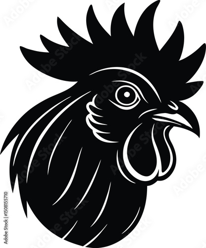 Rooster head with bright feathers and strong look vector art illustration