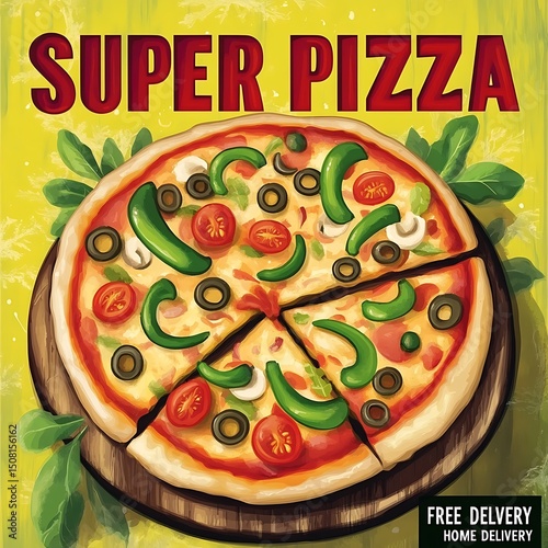 Vibrant pizza with colorful toppings, ready to be devoured.