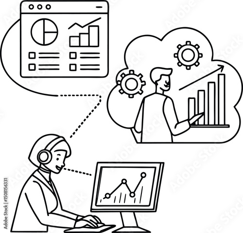 Business people working on laptops with funny cartoon computer errors in the office