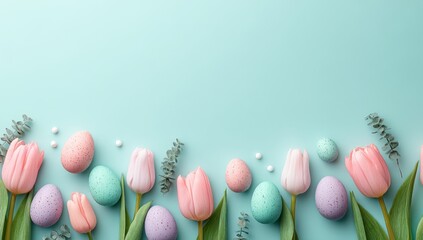 Pastel Easter border with tulips, eggs, and eucalyptus