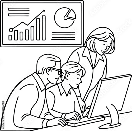 Funny cartoon business people working together in a humorous office meeting illustration