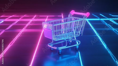 Shopping cart in a neon-lit gridded space.