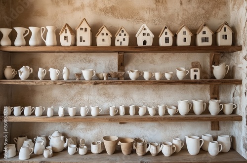 Wooden shelves display rows of unpainted pottery, including jugs, cups, and miniature houses photo