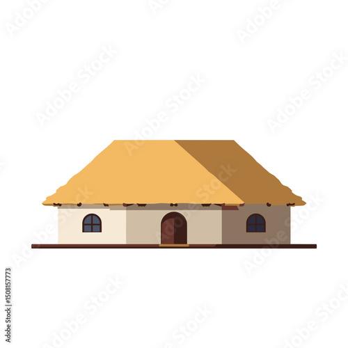 Simple Flat Design Illustration of a Traditional Thatched Roof House with Arched Windows and a Wooden Door