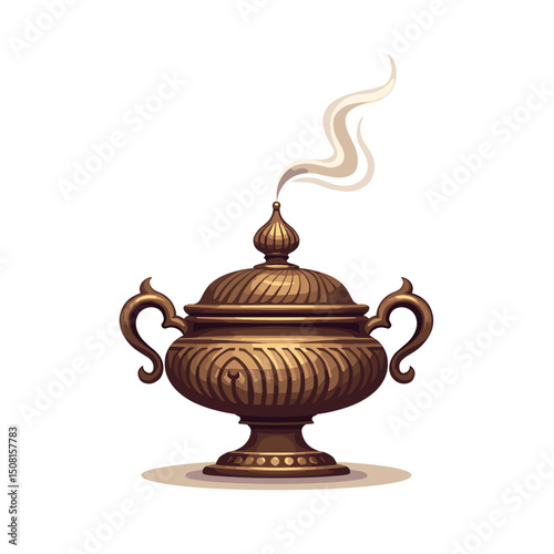 Ornate Golden Incense Burner with Rising Smoke, Decorative Object Illustration