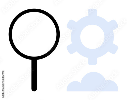 Magnifying glass alongside gear and cloud suggesting investigation, optimization, cloud technology, and innovation. Ideal for technology, analysis, research, strategy, development and productivity