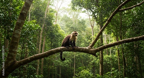 monkeys swinging between trees in a lush tropical rainforest