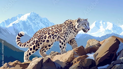 Snow leopard standing on mountain rocks.