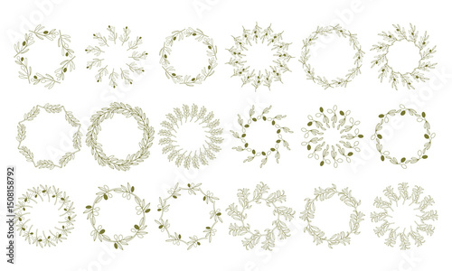 Set of wreaths and branches with leaves. Hand drawing laurel wreaths and branches collection. Laurels wreaths, swirls, twigs and flower ornaments. Herbs, olive and plants elements. Design elements