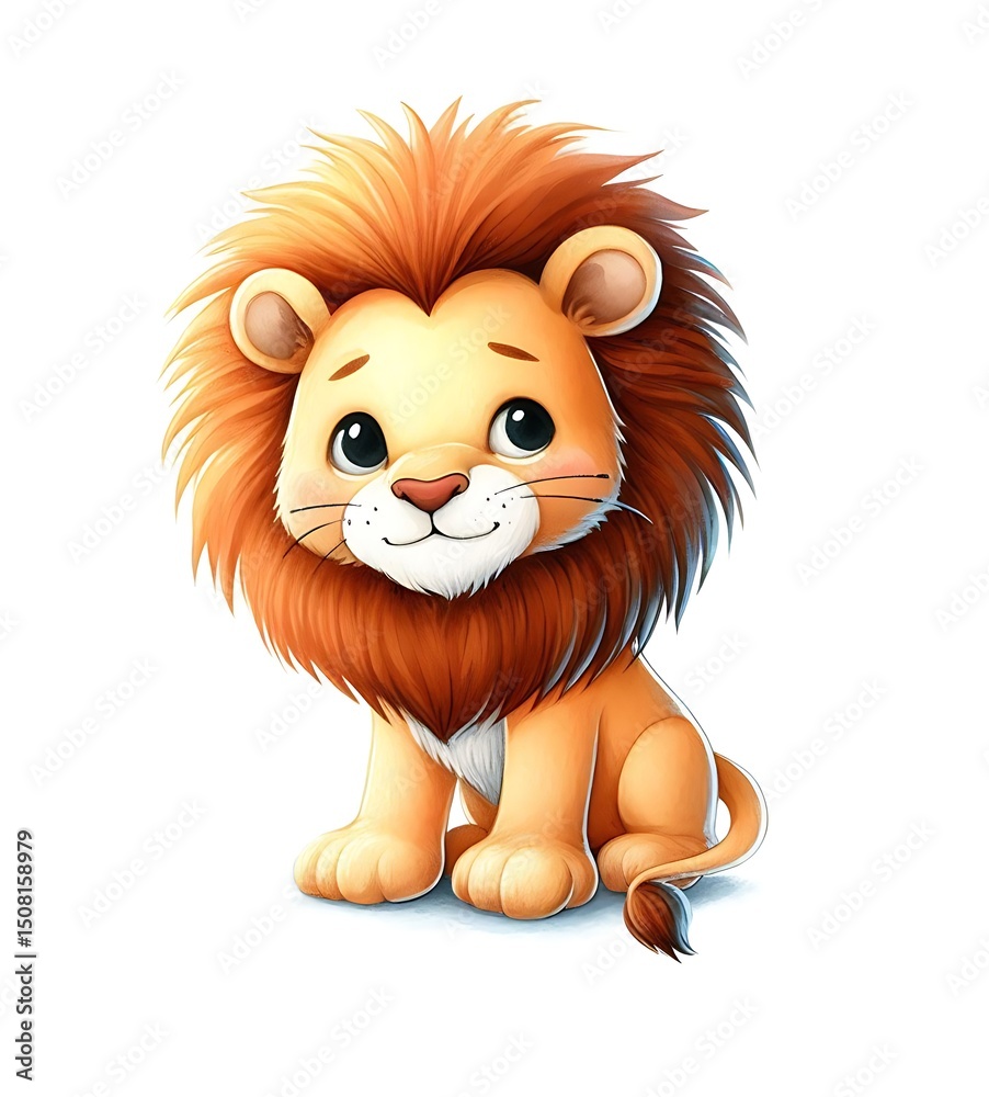 Obraz premium Adorable Cartoon Lion Cub Sitting Upright on a White Background