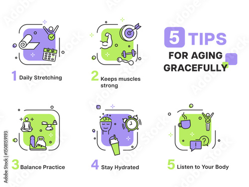 Infographic with effective tips for healthy aging through sports and physical activity