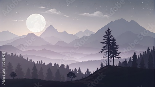 Serene landscape featuring majestic mountains under a full moon, with layers of misty hills and silhouettes of evergreen trees creating a tranquil nighttime atmosphere