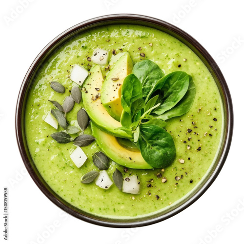 Creamy green soup with avocado, spinach, and seeds garnished with herbs. healthy and vibrant dish perfect for nutritious meal