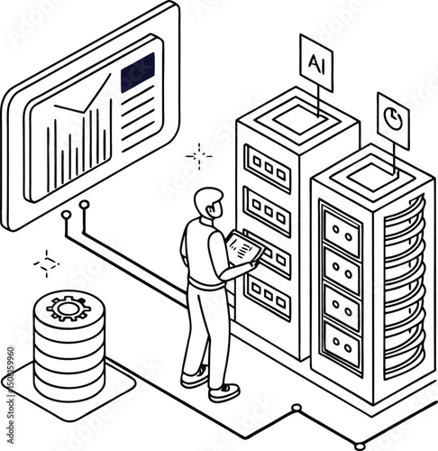 Businessman with money concept illustration: success in finance with a person working on a graph