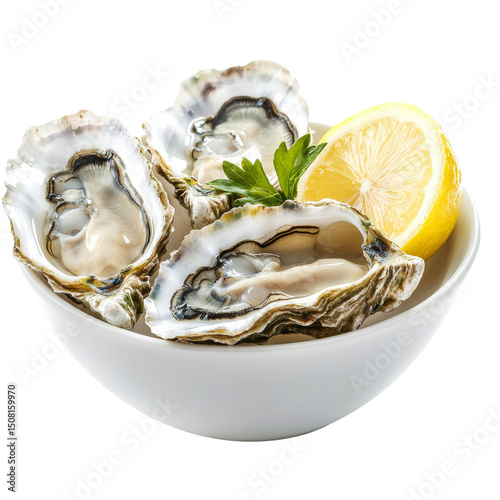 Fresh oysters served in bowl with lemon and parsley, showcasing delicious seafood dish. Enjoy rich flavors and textures of these delicacies
