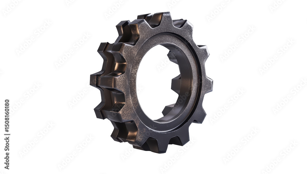 A detailed 3D render of a dark metallic gear, showing wear and texture, angled slightly A detailed 3D render of a dark metallic gear, showing wear and texture, angled slightly