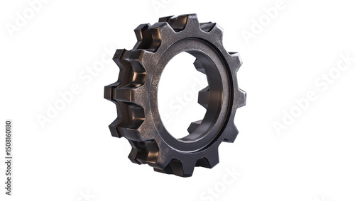A detailed 3D render of a dark metallic gear, showing wear and texture, angled slightly