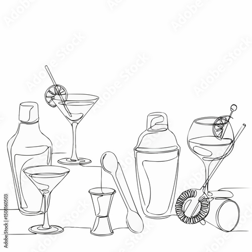 A collection of bar tools and cocktails designed in a single continuous line. Perfect for illustrating a modern bar scene