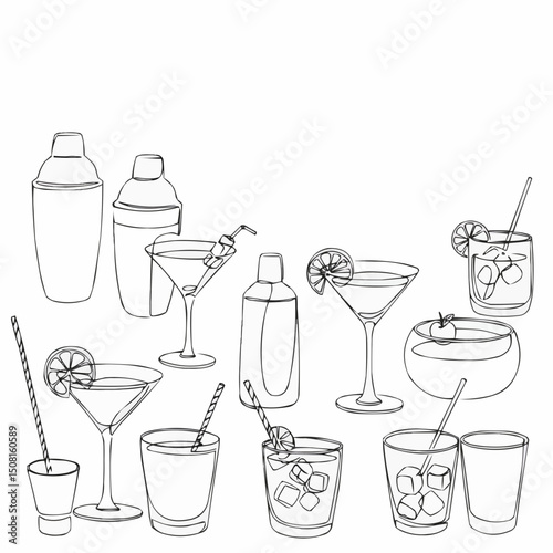 A collection of various drink containers like glasses, cocktail shaker vector art in black and white
