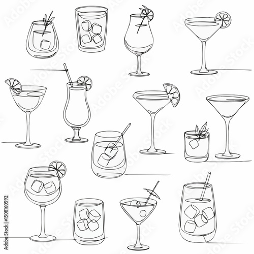 Elegant Line Art Illustrations of various cocktails and drinks, suitable for beverage menus and design elements. The minimalist design style conveys sophistication and style