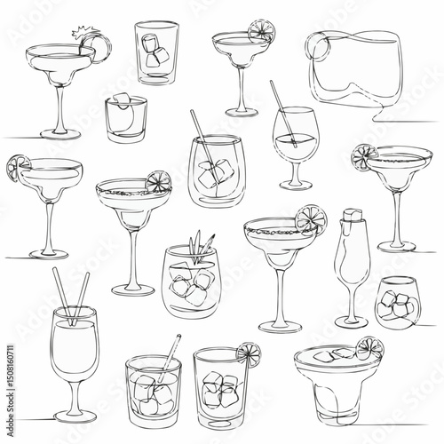 Variety of cocktail glasses with lemons and ice