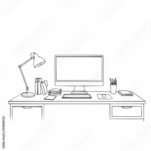 Clean and organized workspace with computer, lamp, and stationery