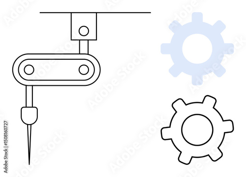 Robotic arm performing precision tasks with visible needle and gears. Ideal for technology, engineering, innovation, manufacturing, automation, mechanics, process improvement. Flat simple metaphor