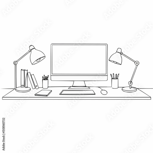 Clean and organized workspace with desktop computer, desk lamps, books, and stationery. Simple line art drawing style.