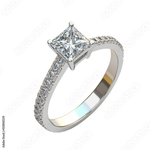 Elegant diamond engagement ring featuring princess cut center stone and sparkling band. Perfect for symbolizing love and commitment