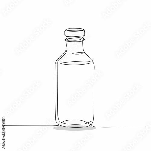 An artistic, minimalist, continuous line drawing of a simple bottle with a cap, presented against a plain background. The artwork uses a single line to define the bottle's shape.