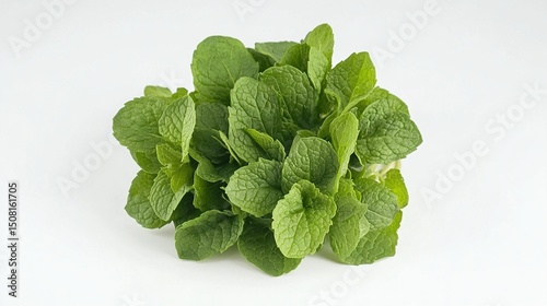 Fresh mint leaves clustered together, vibrant green,  and on a plain white background