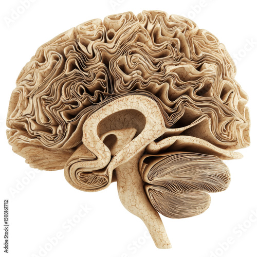 detailed anatomical model of human brain showcasing intricate folds and structures, emphasizing its complexity and functionality. This representation highlights brain unique features and textures